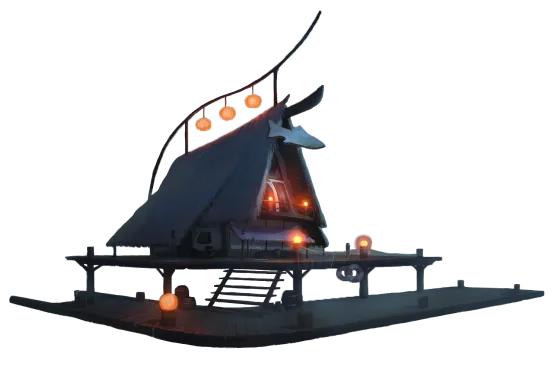 Стилизация необычного дома с фонариками вокруг без фона